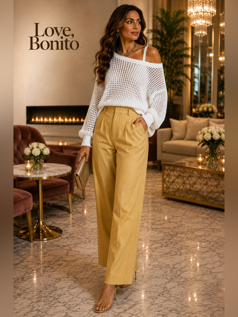 NWT Love Bonito Dusty Yellow Pleated Wide Leg High Rise Trouser Pants NWT Size L